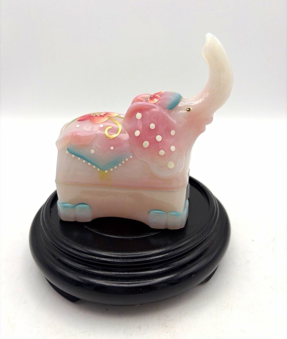 Fenton handmade hand painted signed pink glass elephant figurine floral